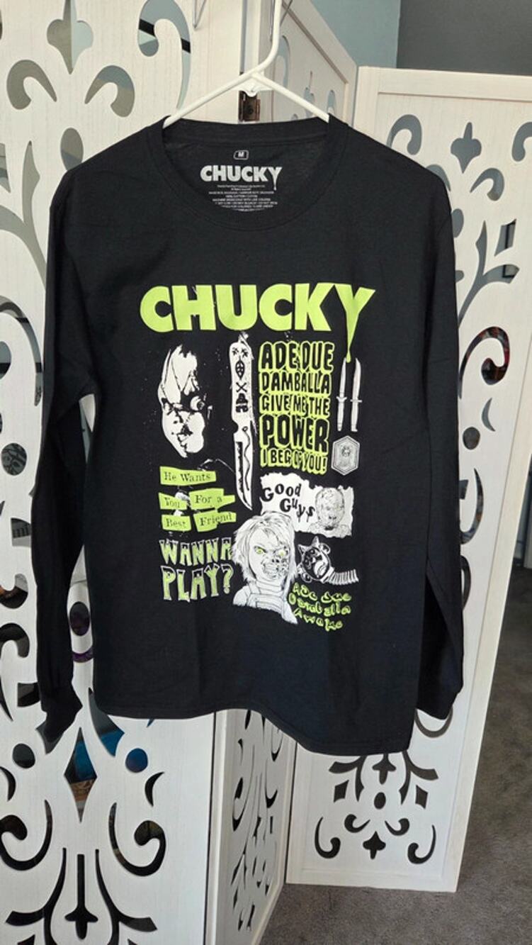 Chucky Horror Graphic Tee Wanna Play Black Shirt Medium NWOT Cotton